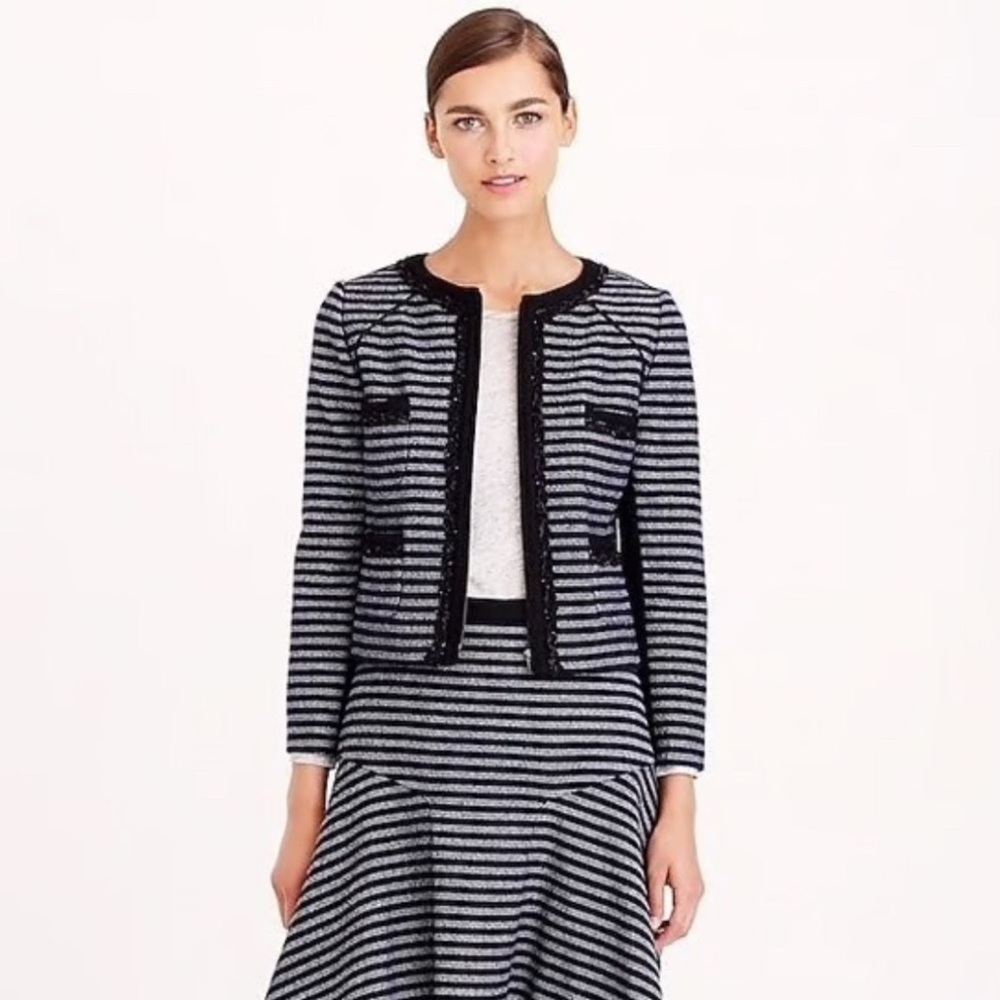 J Crew Cropped Jacket Striped Tweed Navy Sz. 4